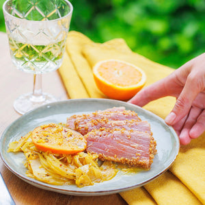 Thon snacké & fenouil braisé à l'orange